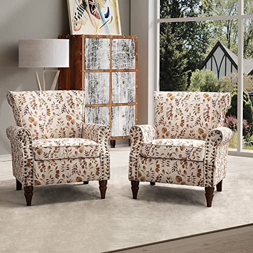 HULALA HOME Modern Wingback Accent Chair with Wood Legs & Removable Cushion, Comfy Upholstered Armchair with Nailhead Trim, Floral Pattern Single Sofa Chair for Living Room Bedroom, Blue