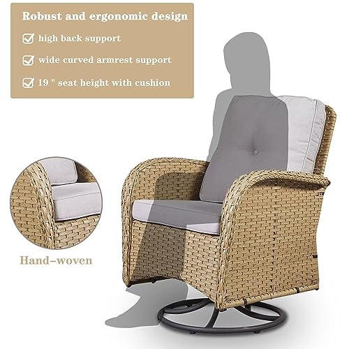 Patio Wicker Chairs Swivel Rocker - Outdoor Swivel Rocking Chairs Set of 2 with Rattan Side Table, Patio Swivel Glider Chair 3 Piece Patio Furniture Sets for Deck Porch Pool Brown/Blue