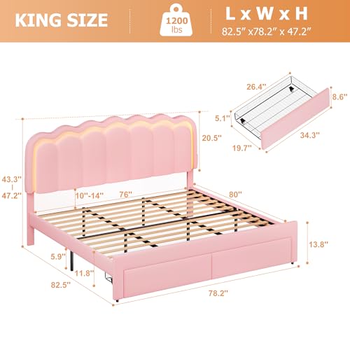 Twin Upholstered LED Bed Frame with Storage Drawer and Adjustable Chic Double Wavy Headboard, Velvet Princess Platform Bed for Kids/Girls, Solid Wood Slats Support, No Box Spring Needed, Beige