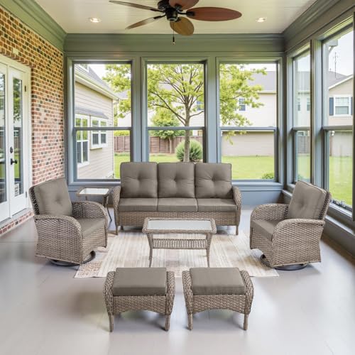 Patio Wicker Chairs Swivel Rocker - Outdoor Swivel Rocking Chairs Set of 2 with Rattan Side Table, Patio Swivel Glider Chair 3 Piece Patio Furniture Sets for Deck Porch Pool Brown/Blue