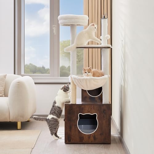 VEVOR Large Cat Tree with Litter Box Enclosure, 55.12 inches Tall, 2-in-1 Cat Tower, Multi-Level Cat Condo Furniture with Perches, Sisal Scratching Posts, Hammock, Big Kittens House for Indoor Cats