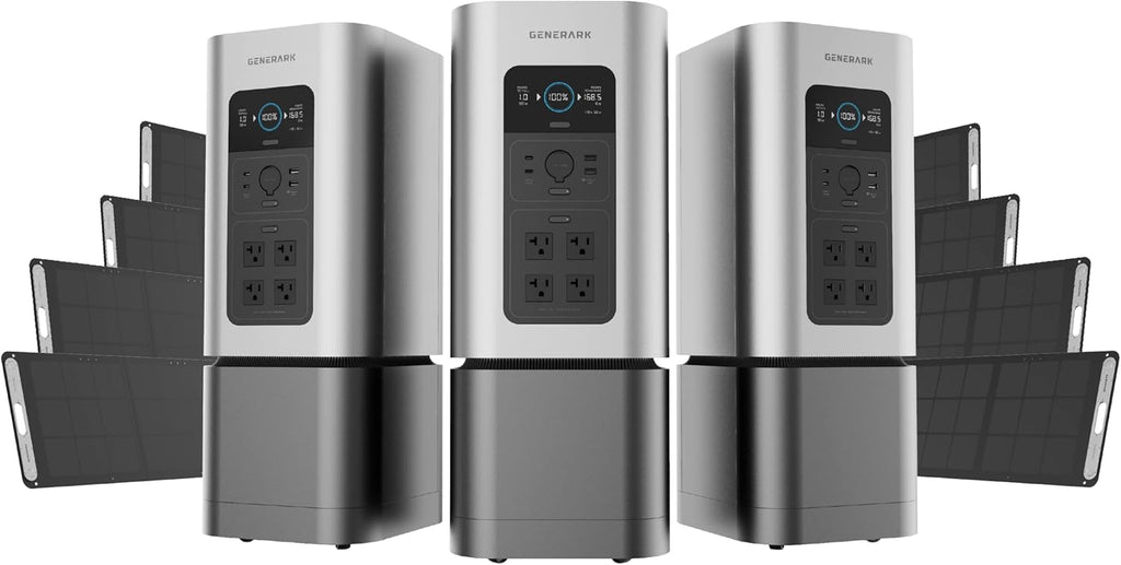 Generark Solar Generator for Homes & RVs: Three (3) HomePower 2 PLUS Backup Battery Power Stations & Eight (8) All-Weather Portable Solar Panels. 2200W - 4400W at 110V, 2060Wh. Up to 7 Days of Emergency and Reliable Power. 12 AC Power Outlets. 12 USB