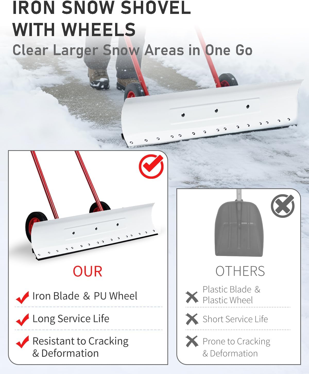Outvita Snow Shovel with Wheels, 29 Wide 18 Long Snow Plow Shovel Angle & Height Adjustable Padded Handle Efficient Snow Clean Tool for Driveway or Pavement (Yellow)