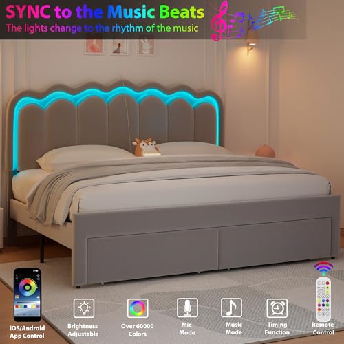Twin Upholstered LED Bed Frame with Storage Drawer and Adjustable Chic Double Wavy Headboard, Velvet Princess Platform Bed for Kids/Girls, Solid Wood Slats Support, No Box Spring Needed, Beige