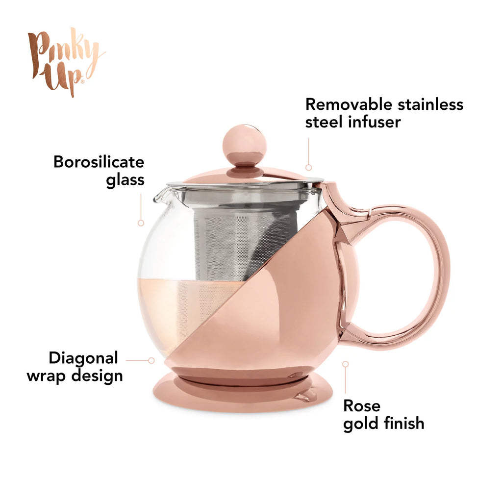 Pinky Up Rose Gold Wrapped Teapot - Tea Clear Glass Pot with Infuser Strainer and Tea Kettle for Loose Tea, 24 Oz