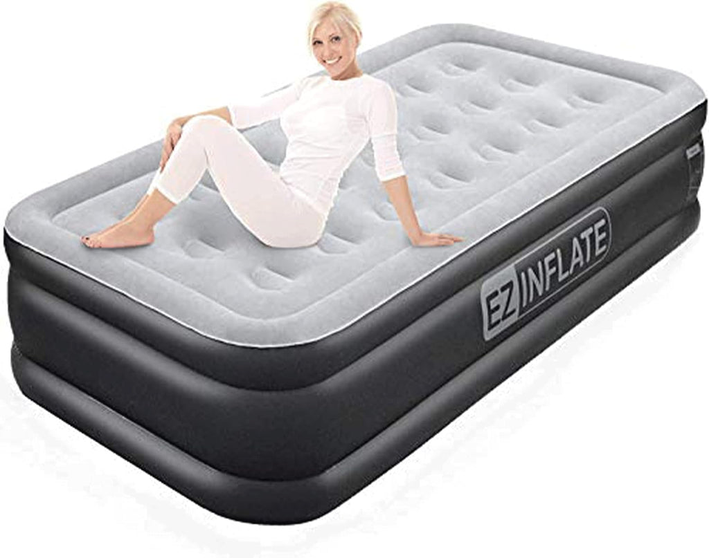 EZ Inflate Air Mattress with Built in Pump - Twin Size Double-High Inflatable Mattress with Flocked Top - Easy Inflate, Waterproof, Portable Blow Up Bed for Camping & Travel
