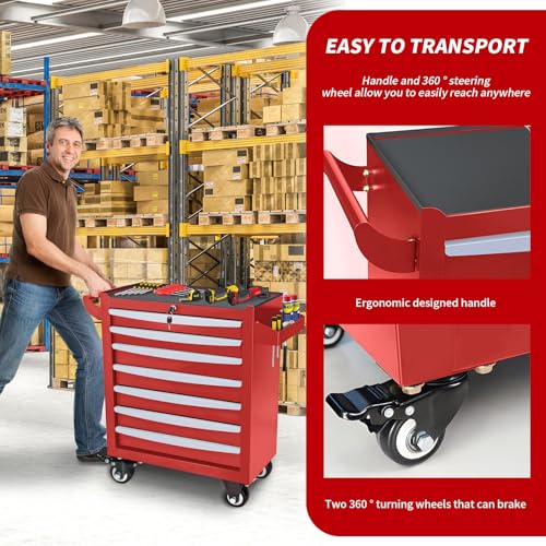 Rolling Tool Chest, Metal Tool Box with 5 Drawers, Lockable Garage Storage Cabinets Sliding Tool Drawer Cart on Wheels Toolbox Organization Workbench for Workshop Warehouse Repair Shop