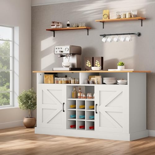 YITAHOME Buffet Cabinet, 47 Farmhouse Coffee Bar with Power Outlet, Floating Shelves, Multi-Functional Storage Sideboard Cabinet for Kitchen and Living Room (Rustic Brown)