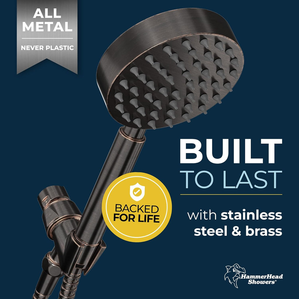 HammerHead Showers? Solid Metal LOW FLOW Handheld Shower Head with Hose and Brass Holder - OIL RUBBED BRONZE ?C Water Saving 1.75 GPM Detachable Shower Head - Adjustable Shower Wand Bracket & 6ft Hose