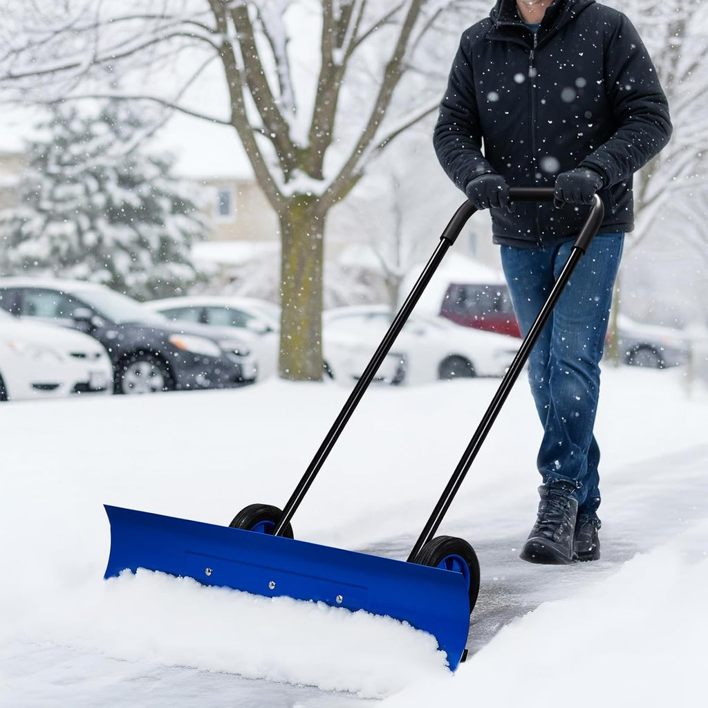 Outvita Snow Shovel with Wheels, 29 Wide 18 Long Snow Plow Shovel Angle & Height Adjustable Padded Handle Efficient Snow Clean Tool for Driveway or Pavement (Yellow)
