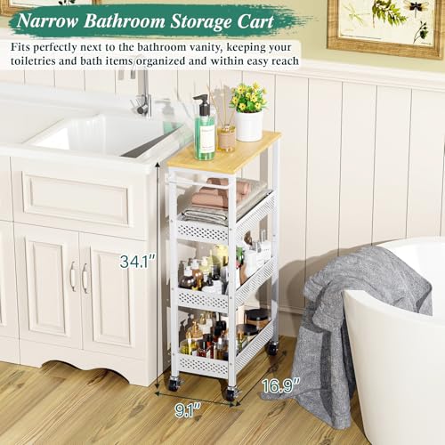Utility Slim Storage Cart, 4 Tier Small Rolling Kitchen Laundry Room Cart with Wood Top, Metal Narrow Bathroom Storage Cabinet Mobile Shelf Unit Organizer Trolley with Handle for Narrow Space