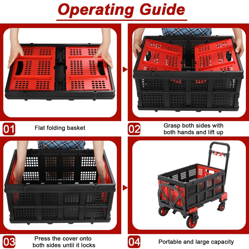 LAZY BUDDY Folding Hand Truck Dolly, 2-in-1 Heavy-duty Platform Cart with 22 Folding Basket, Collapsible Utility Luggage Dolly Cart, Red, 330LBS
