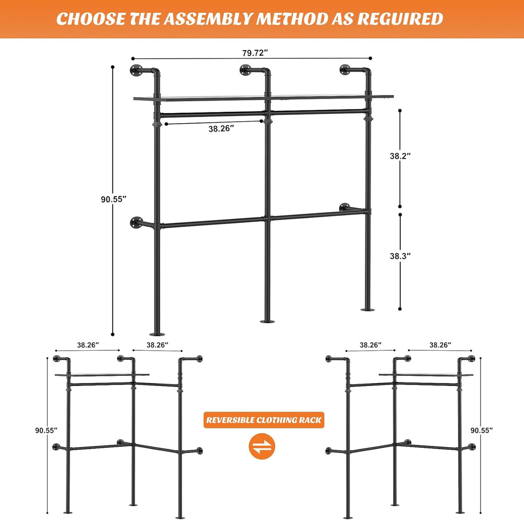 Aheaplus Industrial Pipe Clothing Rack, Reversible 79.7” Clothes Rack for Hanging Clothes, Heavy Duty Garment Racks Closet Wardrobe with LED Lights& Shelves, Walk-in Closet System, Black