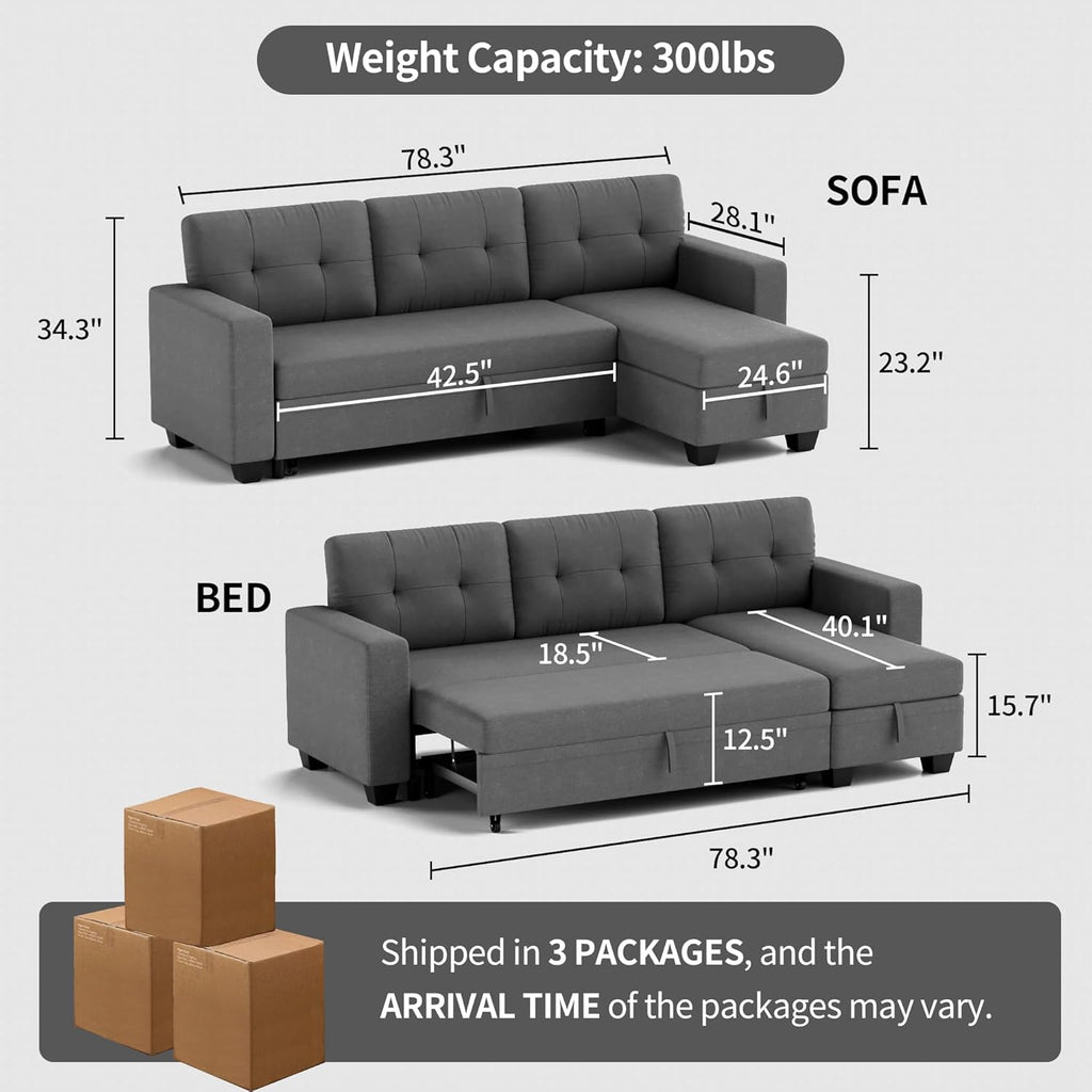 Sleeper Sofa Pull Out Couch with Storage Chaise Lounge Convertible Sectional Sofa L-Shape Modern Fabric Sofa Bed for Living Room, Apartment, Small Spaces, Dark Gray