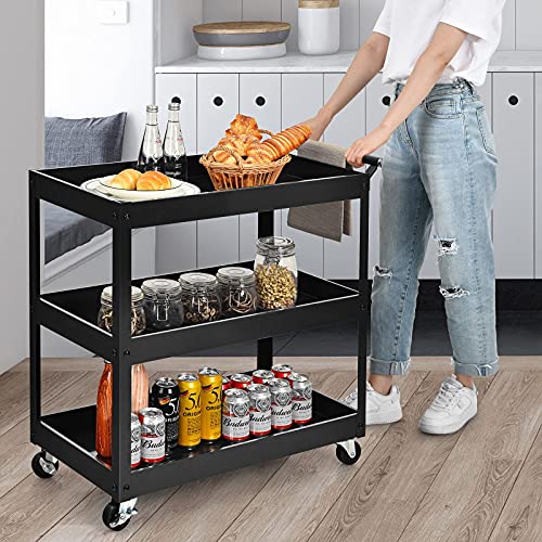 Goplus 3-Tier Utility Cart, Heavy Duty Commercial Service Tool Cart w/Lockable Wheels, 330lbs Load Capacity, Ergonomic Handle, Rolling Mechanic Tool Cart Storage Organizer for Warehouse Garage Black