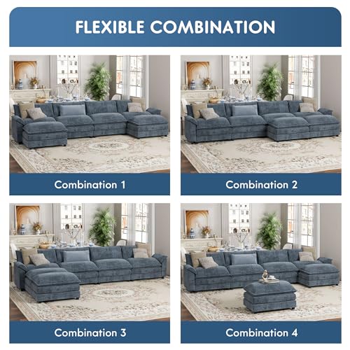 YESHOMY Sectional Modular Sofa U Shaped Chenille Fabric Couch with High Supportive & Soft Sponges and Removable Ottoman, Sleeper Comfy Upholstered Furniture for Living Room, Grey