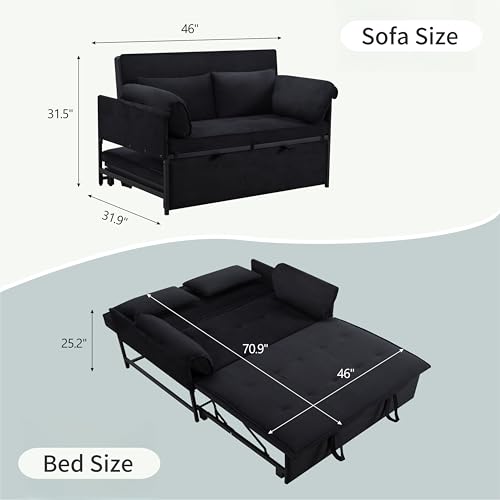 3 in 1 Sleeper Sofa Bed, Futon Sofa Bed for Living Room with Side Pocket, Black Sleepers Sofa Couch with Pullout Bed, Convertible Love Seat Sleepers Bed for Living Room, Bedroom, Small Space