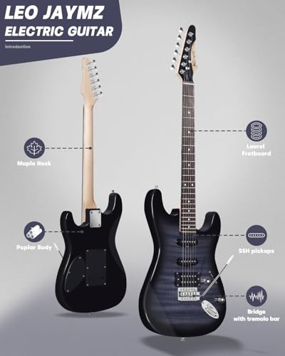 Leo Jaymz 39 Full Size ST Style Electric Guitar Starter Kit with SSH Pickup, 5W Portable Amp, Tuner, Gig Bag, Strap & Accessories (Violet Ocean)