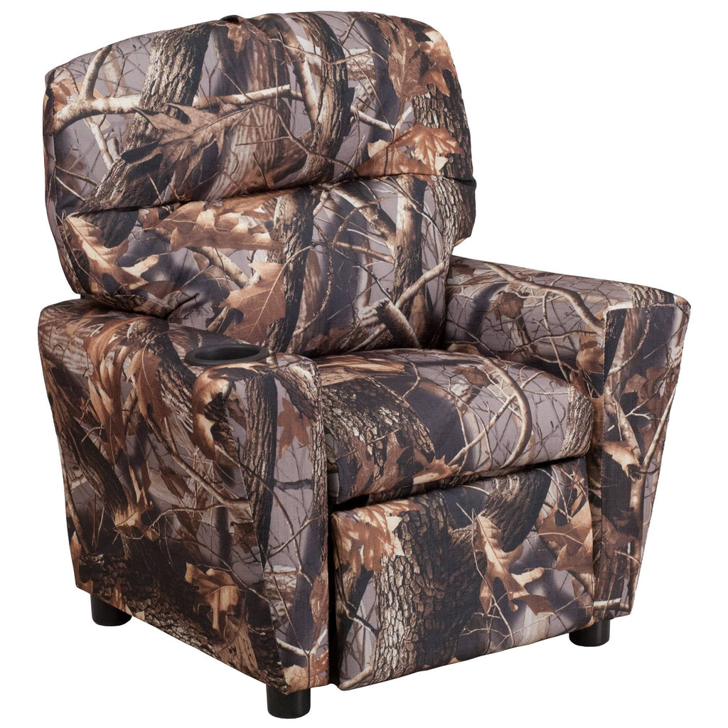 Emma and Oliver Camouflaged Fabric Kids Recliner with Cup Holder