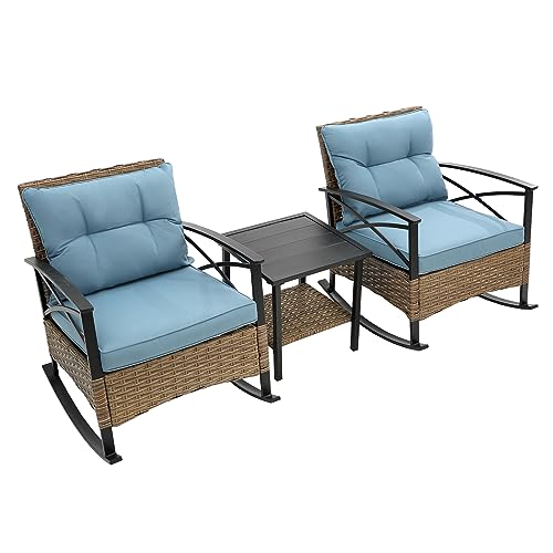 Outdoor Wicker Rocking Chairs Patio - 3 Pieces Patio Furniture Rattan Rocker Chairs Wicker Rocking Bistro Set with Cushions and Side Table for Garden Patio Yard Porch Lawn Balcony (Blue)