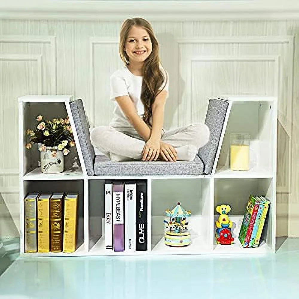 HJZBNONE 6-Cubby Bookcase w/Cushioned Reading Nook Multi Purpose Organizer Cabinet with Soft Cushion and Thick Wood Board for Children Girls & Boys Bedroom Decor Room (Modern Whit