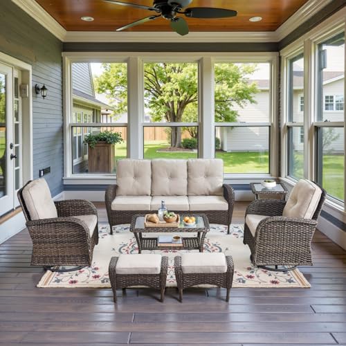 Patio Wicker Chairs Swivel Rocker - Outdoor Swivel Rocking Chairs Set of 2 with Rattan Side Table, Patio Swivel Glider Chair 3 Piece Patio Furniture Sets for Deck Porch Pool Brown/Blue