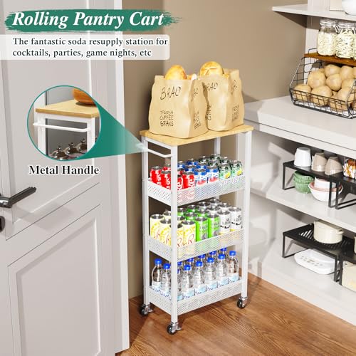 Utility Slim Storage Cart, 4 Tier Small Rolling Kitchen Laundry Room Cart with Wood Top, Metal Narrow Bathroom Storage Cabinet Mobile Shelf Unit Organizer Trolley with Handle for Narrow Space
