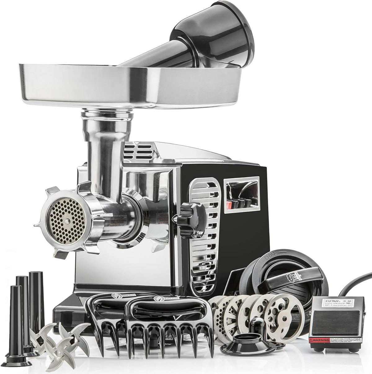 STX Turboforce IIPlatinum w/Foot Pedal Heavy Duty Electric Meat Grinder & Sausage Stuffer: 6 Grinding Plates, 3 S/S Blades, 3 Sausage Tubes, Kubbe, 2 Meat Claws, Burger-Slider Patty Maker - White