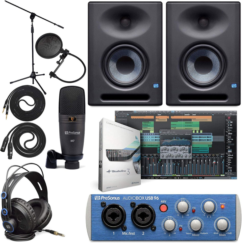 PreSonus AudioBox 96 Audio Interface (May Vary Blue or Black) Full Studio Bundle with Studio One Artist Software Pack with Eris 4.5 BT Pair Studio Bluetooth Monitors and 1/4?? Instrument Cable