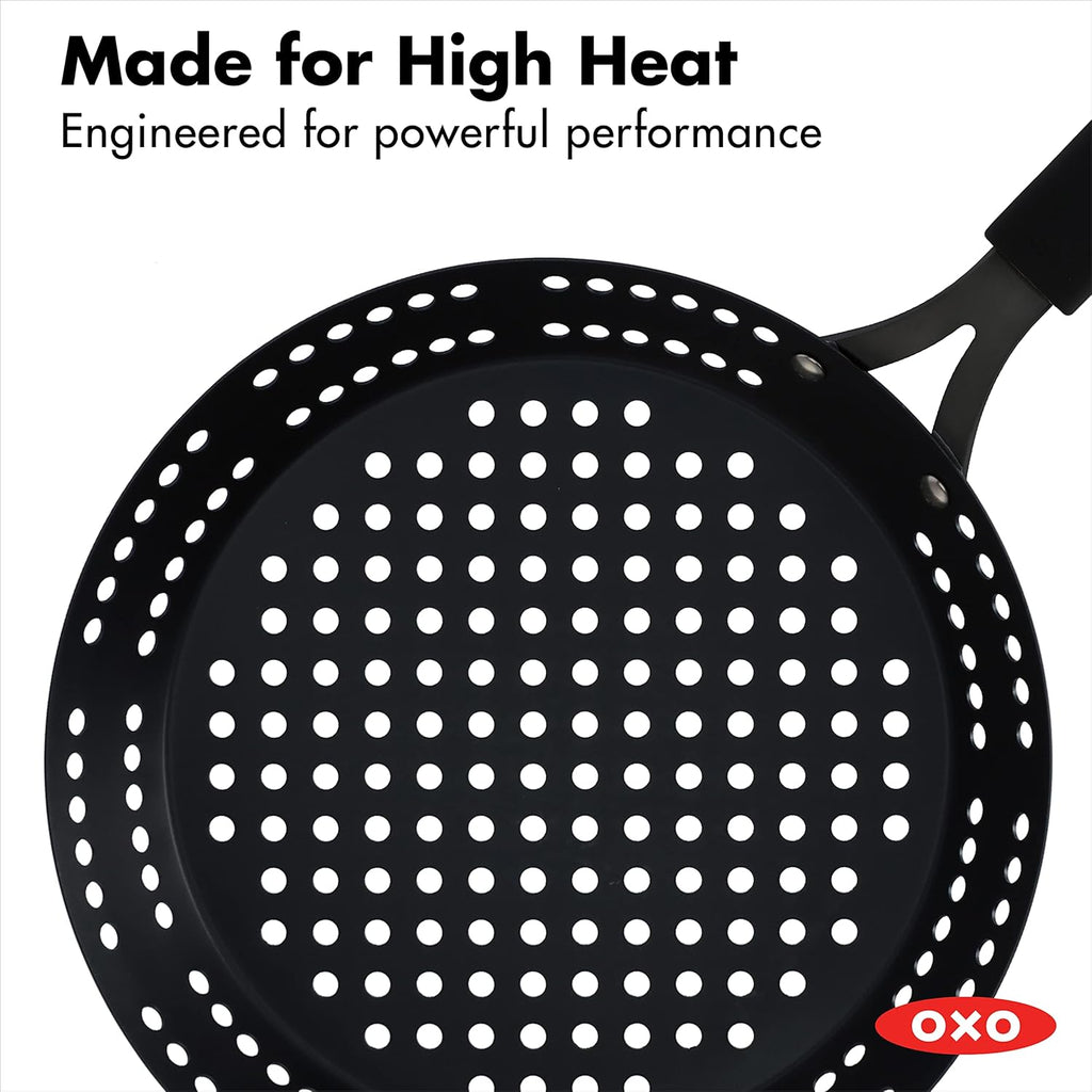 OXO Obsidian Pre-Seasoned Carbon Steel, 12 Wok Pan with Removable Silicone Handle Holder, Induction, Oven Safe, Black
