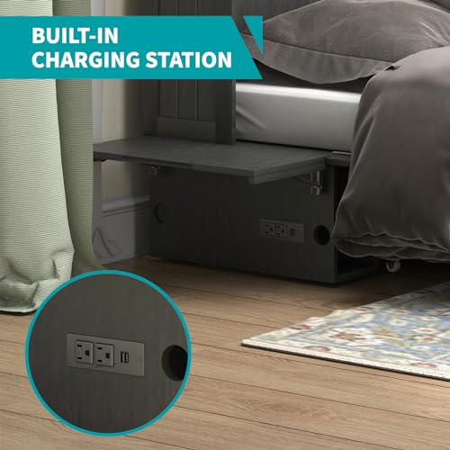 BALUS Murphy Bed Cabinet,Queen Murphy Bed with Tri-fold Mattress & USB Charging Station,Modern Wall Chest Beds with Folding Night Stand Trays and Storage Drawers for Bedroom Living Room,Grey-Blue