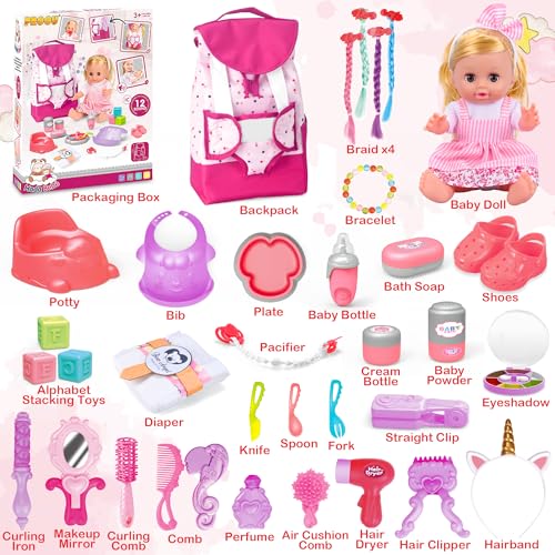 Baby Doll Toys Set, 14 Doll Toys, 25Pcs Dolls Care Toy Playset, Toddlers Toy Doll Set Incl Cradle Crib, High Chair, Milk Bottle, Pacifier, Diaper, Baby Gift for Age 3 4 5 6+ Years Old Girls Boys