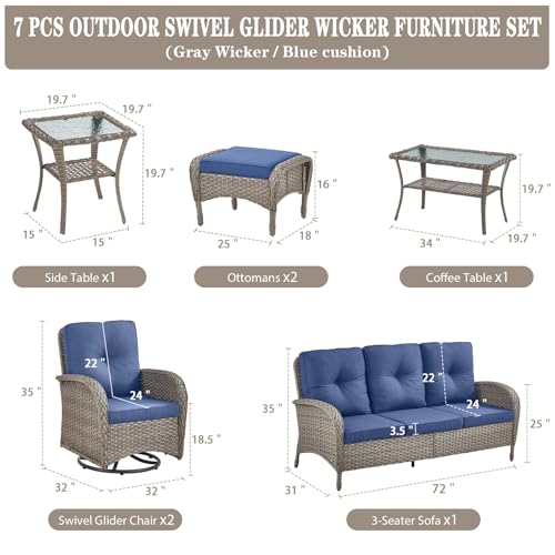 Patio Wicker Chairs Swivel Rocker - Outdoor Swivel Rocking Chairs Set of 2 with Rattan Side Table, Patio Swivel Glider Chair 3 Piece Patio Furniture Sets for Deck Porch Pool Brown/Blue