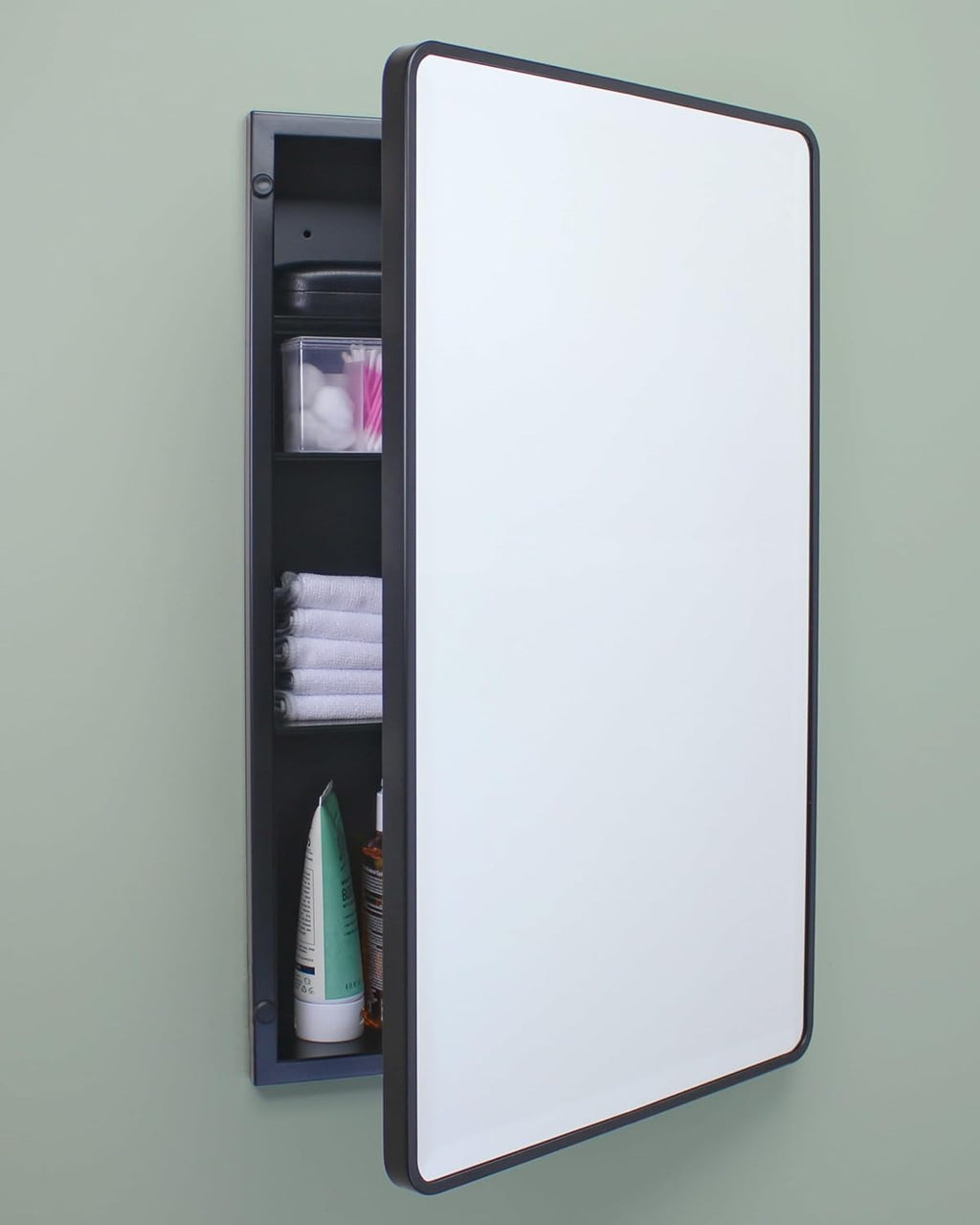 16x20 Austin Farmhouse Metal Framed Rounded Rectangle Recessed Bathroom Medicine Cabinet, Beveled Mirror, 14x18 in-Wall Opening, powder-coated Steel, Glass Shelves, Magnet Close, Brushed Nickel