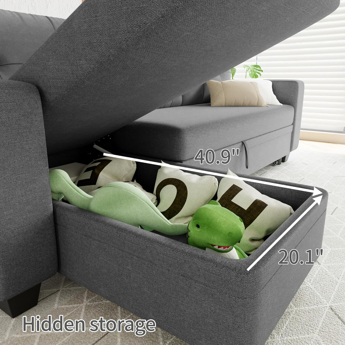 Sleeper Sofa Pull Out Couch with Storage Chaise Lounge Convertible Sectional Sofa L-Shape Modern Fabric Sofa Bed for Living Room, Apartment, Small Spaces, Dark Gray