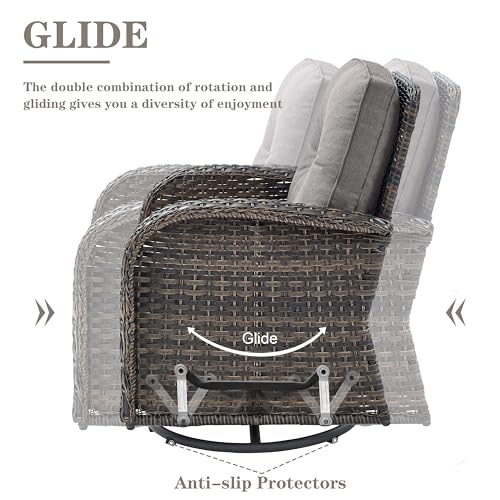 Patio Wicker Chairs Swivel Rocker - Outdoor Swivel Rocking Chairs Set of 2 with Rattan Side Table, Patio Swivel Glider Chair 3 Piece Patio Furniture Sets for Deck Porch Pool Brown/Blue