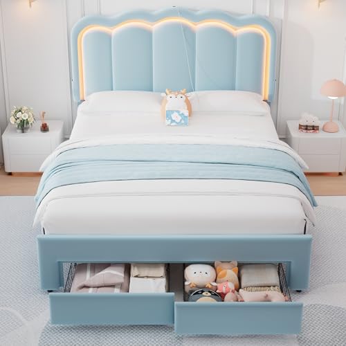 Twin Upholstered LED Bed Frame with Storage Drawer and Adjustable Chic Double Wavy Headboard, Velvet Princess Platform Bed for Kids/Girls, Solid Wood Slats Support, No Box Spring Needed, Beige