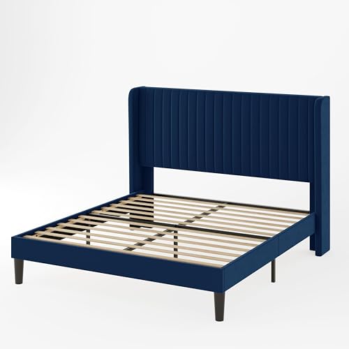 Allewie Queen Size Velvet Bed Frame/Vertical Channel Tufted Wingback Headboard/Upholstered Platform Bed/Strong Wooden Slats/No Box Spring Needed/Easy Assembly/Black