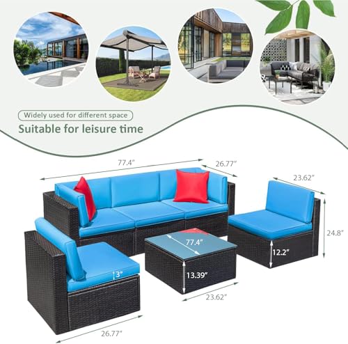 Devoko Patio Furniture Sets 6 Pieces Outdoor Sectional Rattan Sofa Manual Weaving Wicker Patio Conversation Set with Glass Table and Cushion (Beige)
