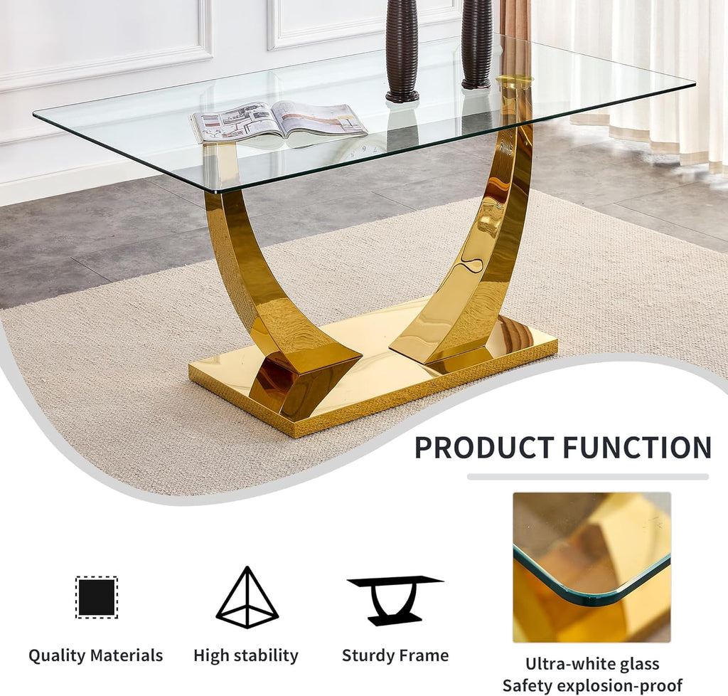 HomVent Contemporary Glass Top Rectangular Kitchen Dining Table, 0.39 Clear Tempered Glass Top Kitchen Table with Stainless Steel Base, Home Office Kitchen Dining Room Table Furniture(C, Gold Base)