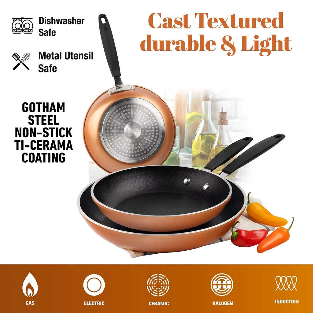 Gotham Steel Diamond 3-Piece Copper Cast Frying Pan Set, Nonstick Cookware