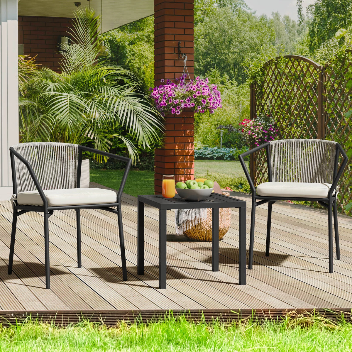 Dextrus 3-Piece Patio Conversation Bistro Set, Outdoor Wicker Dining Table Chairs Set, With 2 Stackable Chairs, Cushions, Side Table - White