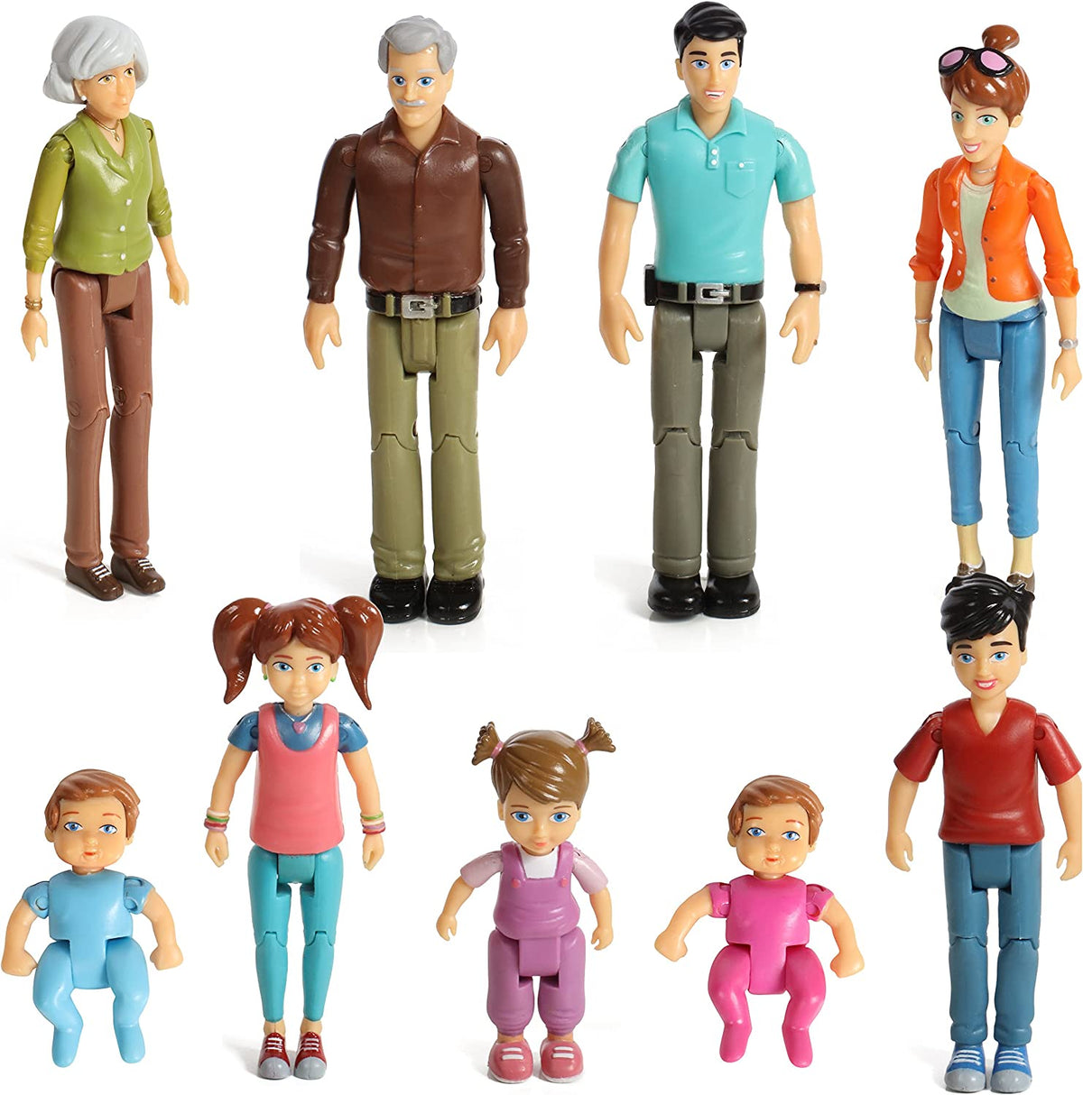 Sweet Li'l Family Dollhouse People Set of 9 Action Figure Set - Grandpa, Grandma, Mom, Dad, Sister, Brother, Toddler, Twin Boy & Girl