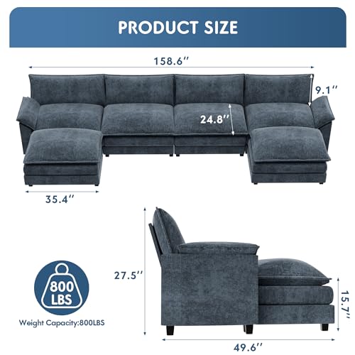 YESHOMY Sectional Modular Sofa U Shaped Chenille Fabric Couch with High Supportive & Soft Sponges and Removable Ottoman, Sleeper Comfy Upholstered Furniture for Living Room, Grey