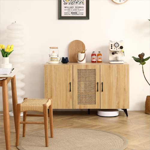 Spacious 45 Sideboard Buffet Cabinet with Rattan Mesh Doors, Durable Melamine and Carbon Steel Kitchen Storage Cabinet, Elegant Engineering Wood Frame, Versatile for Dining Room, Bedroom
