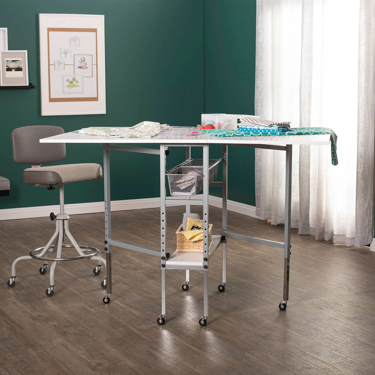 Sew Ready Mobile Folding Height Adjustable Quilting Fabric Cutting Table with Sewing Board Grid and Storage in Silver/White Top