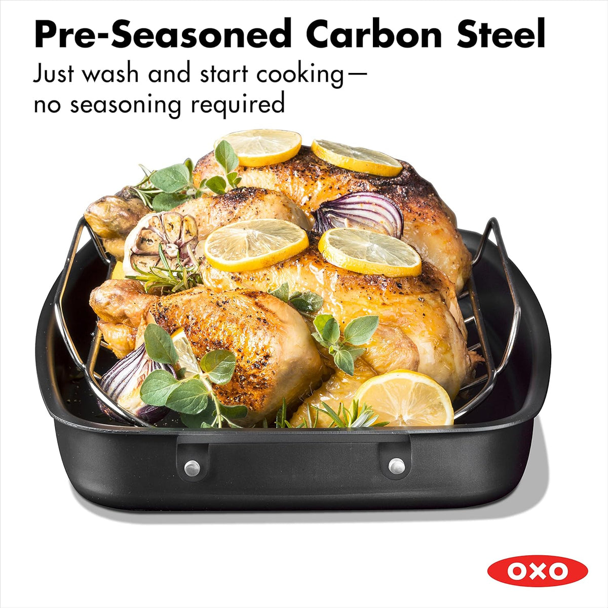 OXO Obsidian Pre-Seasoned Carbon Steel, 12 Wok Pan with Removable Silicone Handle Holder, Induction, Oven Safe, Black