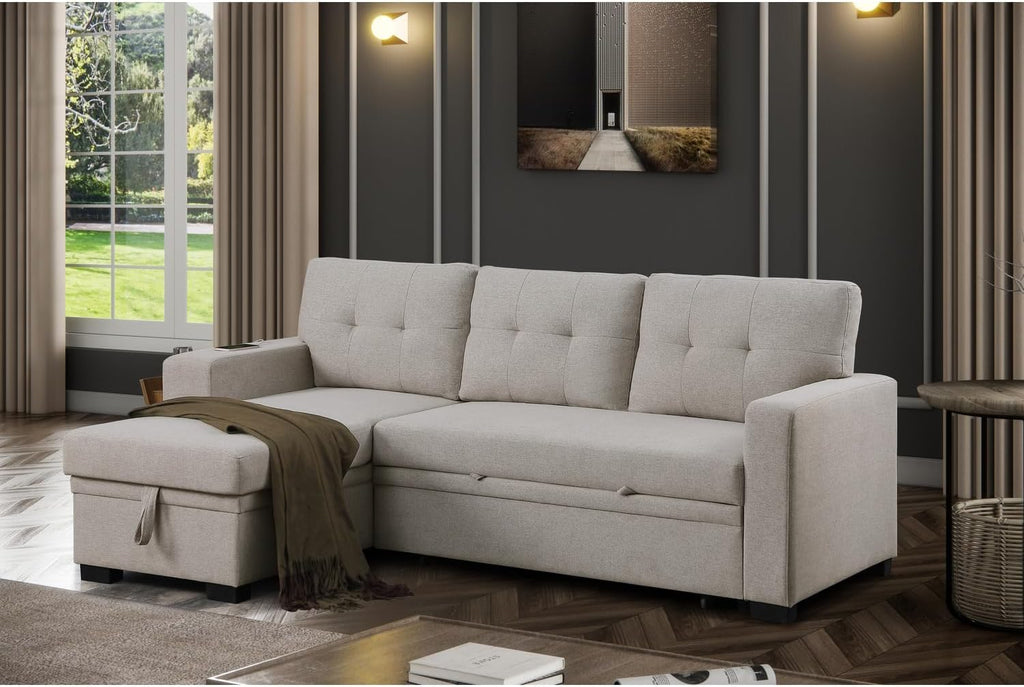 Devion Furniture 92 W Modern L-Shaped Polyester Fabric Upholstered Reversible Side Compartment Sleeper Sectional Sofa Bed with Chaise in Light Gray Finish