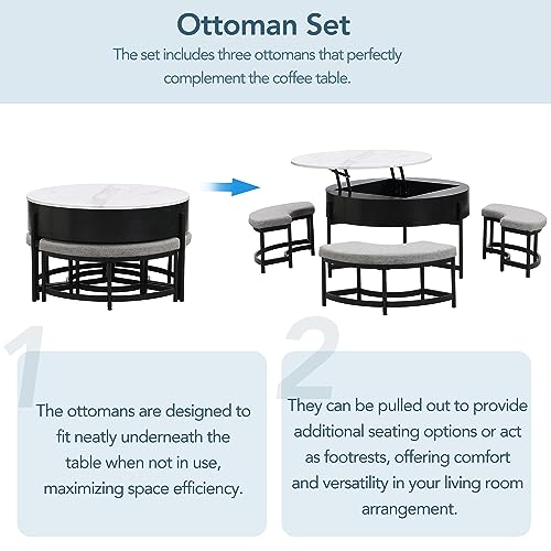 Linique Modern Round Lift-Top Coffee Table with Storage and 3 Ottoman, White + Black