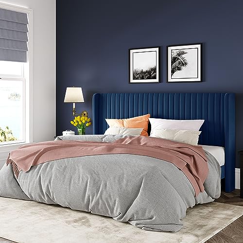 Allewie Queen Size Velvet Bed Frame/Vertical Channel Tufted Wingback Headboard/Upholstered Platform Bed/Strong Wooden Slats/No Box Spring Needed/Easy Assembly/Black